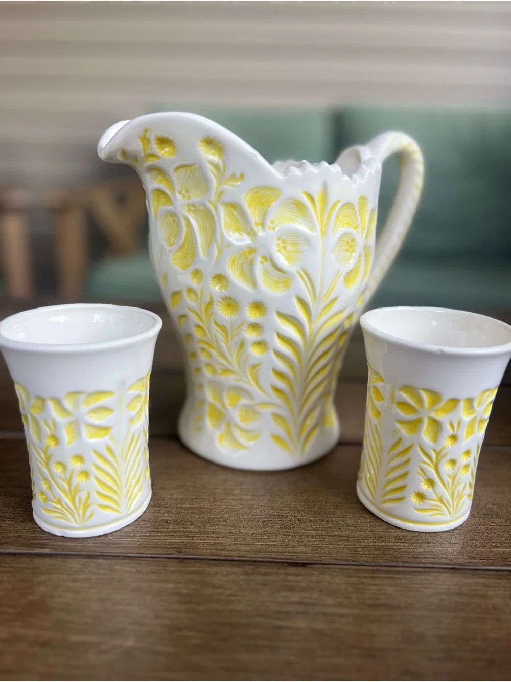 Vintage 1970s Yellow Floral Pitcher with 2 Cups | Cottagecore Decor